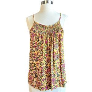 NWT Cynthia Rowley Smocked Pleated Floral Halter Keyhole Blouse Mustard Pink